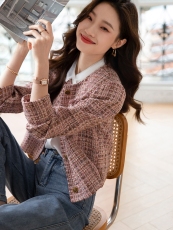 小香风粉色粗花呢上衣2023春季新款气质优雅显瘦短外套女