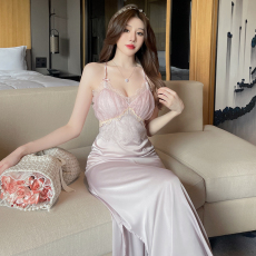 睡衣女夏性感蕾丝带胸垫修身显瘦加长网红爆款过膝家居服吊带睡裙