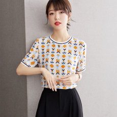 批发实拍◆有◆2026夏季印花<b class='q'>雪纺衫</b><b class='q'>短袖</b>T恤宽松撞色圆领时髦上衣