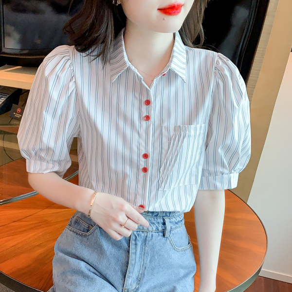 RM15889#夏季新款法式红色单排扣泡泡袖竖条纹时尚减龄洋气女衬衫