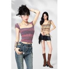 批发姨 条纹针织衫短袖女早春新款方领辣妹绑带修身<b class='q'>露</b><b class='q'>脐</b>短款上衣