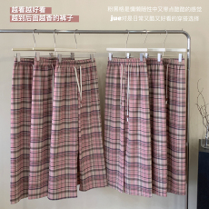 批发原版面料有口袋  粉色格子休闲裤女春夏款复古宽松直筒阔腿裤