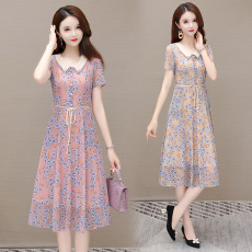 批发实拍 2023<b class='q'>夏</b>季新款短袖印花连衣裙网纱妈妈装透气收腰显瘦