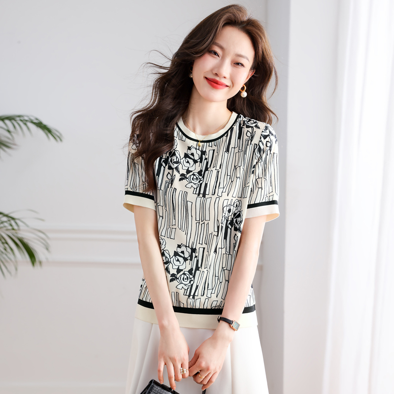 FA28850# 蚕丝上衣女短袖夏季新款显瘦印花仿真丝邹气质半袖T恤 服裝批發女裝批發服飾貨源