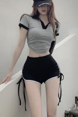 实拍现货撞色POLO领短袖T短辣拼色上衣+抽绳瑜珈短裤高弹高腰热裤
