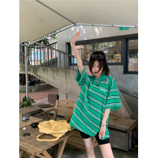 批发撞色条纹翻领短袖T恤减龄宽松休闲百搭<b class='q'>中长款</b>半袖上衣