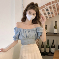 蝴蝶结绑带泡泡袖收腰一字领短袖衬衫女气质小衫短款茶歇法式上衣