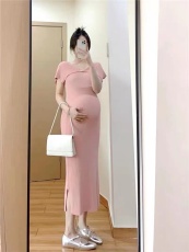 2023春夏新款孕妇中长款内搭打底开叉过膝毛衣裙女针织连衣裙长裙