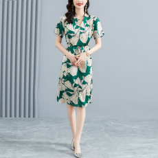 法式真丝连衣裙女装2023夏季新款杭州丝绸桑蚕丝V领印花显瘦a裙子
