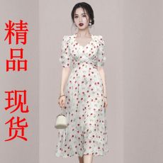 批发2026春夏装新款复古法式茶歇裙碎花短袖长款<b class='q'>连衣裙</b>V领泡泡袖显瘦