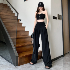 美式复古遮胯休闲直筒裤女春夏宽松垂感休闲高腰显瘦西装阔腿裤
