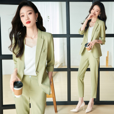 批发职业套装女春秋薄款时尚气质女神范轻熟风绿色西装外套套裤工作服
