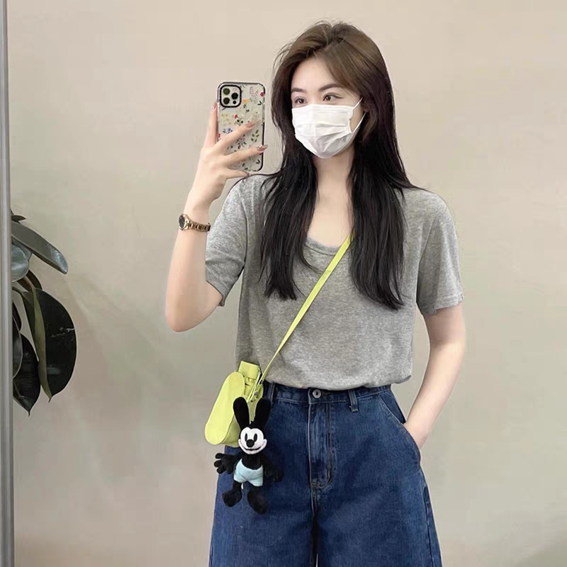 U-neck gray t-shirt women's short-sleeved summer 2024 new loose design niche fashion casual shoulder top