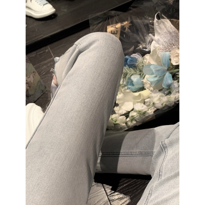 JoyingFeng奶里奶气浅色高腰小直筒牛仔裤女软弹显瘦九分裤