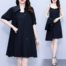批发2026夏季短袖黑色雪纺<b class='q'>衬衫</b>领<b class='q'>连衣裙</b>套装胖MM气质显瘦吊带裙两件套