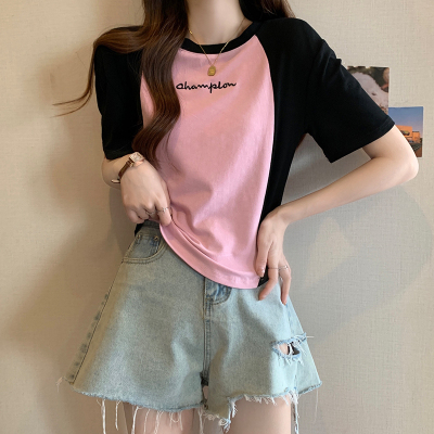 实拍现货2023夏季简约百搭T恤拼色显瘦大码女装套头辣妹胖mm上衣