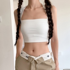 H家欧美女装 辣妹小生坎肩方领纯色吊带背心短款显瘦运动无袖T恤