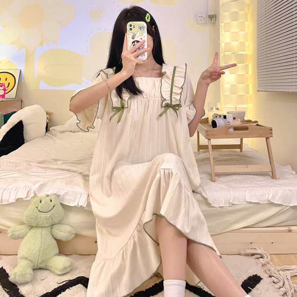 RM8885#短袖睡裙女新品宽松夏季方领宫廷公主甜美纯色家居睡衣