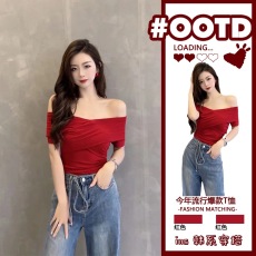 纯欲feel一眼沦陷交叉一字肩上衣女夏性感露肩漏锁骨两穿半袖上衣