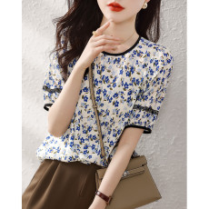 批发2025夏季新款法式油画<b class='q'>碎花</b><b class='q'>衬衣</b>小清新上衣女套头短袖女式<b class='q'>衬衣</b>