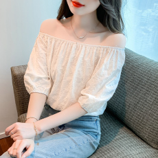 实拍现货2023夏季新款超仙甜美一字领露肩衬衫女薄款绣花短袖女