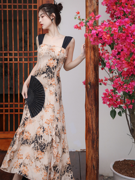 RM21891#人间绝色新中式复古轻奢气质高级感碎花吊带连衣裙长裙
