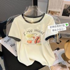 2023夏季新款正肩短袖t恤女春夏美式复古圆领字母印花上衣