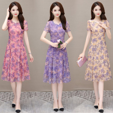 批发实拍 2023<b class='q'>夏</b>季新款短袖印花连衣裙网纱妈妈装透气收腰显瘦