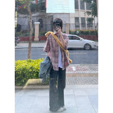 批发特价原版布料刺绣抖音质量复古撞色格子刺绣hiphop<b class='q'>衬衫</b>女