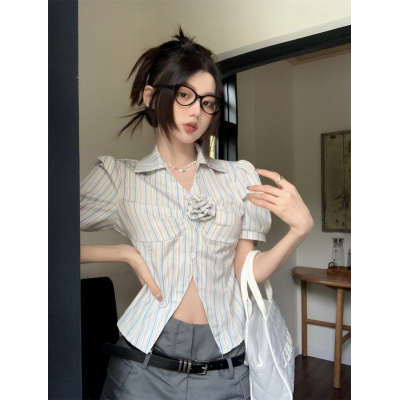 实拍实价~ 法式撞色条纹V领立体花朵收腰显瘦长袖衬衫上衣