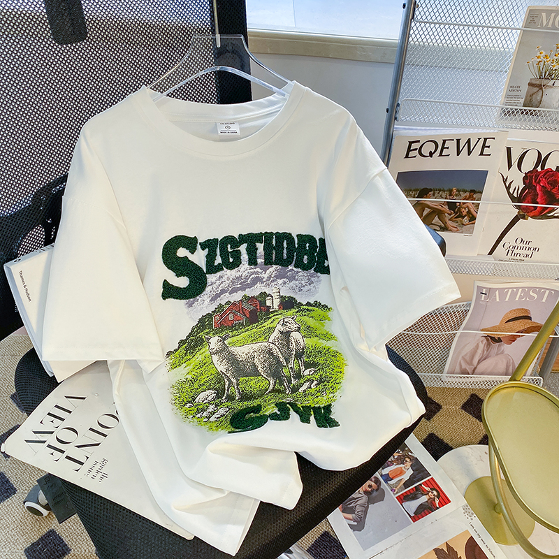 PF14419# 实拍32支双纱纯棉短袖t恤女夏2023刺绣花潮圆领新款上衣大码女装