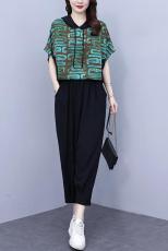 大码女装胖mm2023年爆款夏装两件套时髦潮流别致印花梨型身材套装