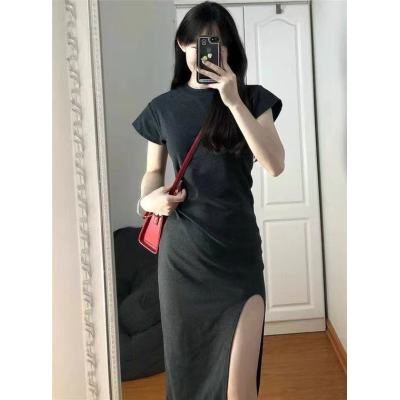 2023夏季女装过膝收腰开叉气质连衣裙子微胖MM遮肚显瘦高级感长裙