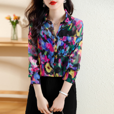 批发实拍2025早秋新款<b class='q'>迷彩</b>色印花长袖<b class='q'>衬衫</b>女复古港味宽松独特别致小衫