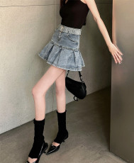 实拍实价 挂脖针织背心吊带+小众牛仔裙女高腰A字百褶半身短裙