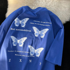 批发夏季潮流蝴蝶印花抖音质量双纱240克精梳紧密赛络短袖<b class='q'>t</b><b class='q'>恤</b>女