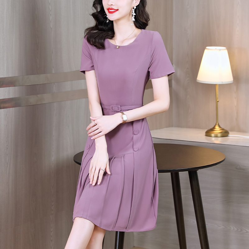 LN41563# 紫色连衣裙女夏季新款高端气质OL圆领淑女短袖裙子 服裝批發女裝批發服飾貨源