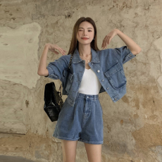 实拍～大码女装拼接设计感复古短款牛仔外套半身裙时尚套装两件套