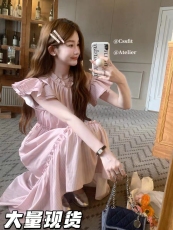 CSSFIT 23/ss 油画少女 粉色条纹小飞袖连衣裙/长短版