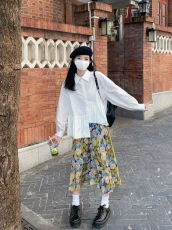 韩版不规则荷叶边衬衫+油画褶皱半身裙套装 可拆