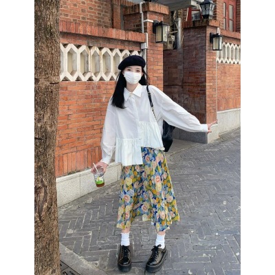 韩版不规则荷叶边衬衫+油画褶皱半身裙套装 可拆