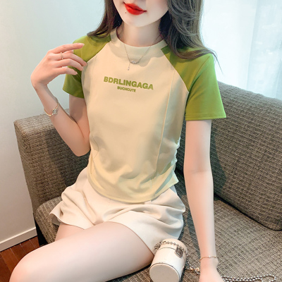 时尚洋气撞色圆领短袖T恤女2023夏季新款百搭纯棉设计感上衣