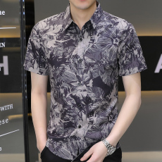 批发衬衫男士百搭夏季潮流夏季痞帅短袖弹力冰丝衬衣短袖薄款上衣服