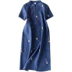 批发非实拍大品牌高端剪标女装外贸出口<b class='q'>原</b><b class='q'>单</b>亚麻棉刺绣花旗袍连衣裙