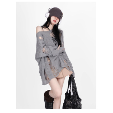 批发韩系小众斜肩上衣休闲慵懒套装宽松女秋季破洞镂空毛衣长袖女潮