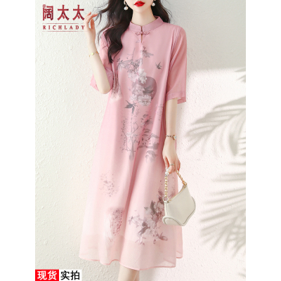 阔太太2023夏装新品真丝印花复古文艺范大码中长款中老年连衣裙子
