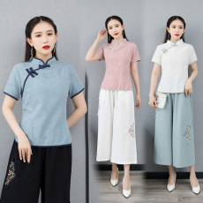 批发中国风复古<b class='q'>棉麻</b>旗袍中式立领短袖茶服<b class='q'>上衣</b>阔腿裤禅意套装