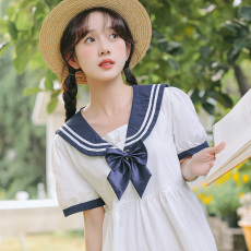 实拍日系海军风小清新娃娃衫水手服纯棉送领结连衣裙