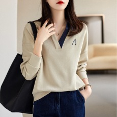 秋季新款~翻领撞色 宽松 慵懒 长袖无帽V领卫衣女ELWY55841