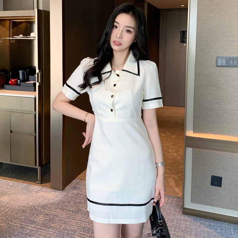 FA21201# 泡泡袖连衣裙撞色POLO领设计学院风小香裙短裙子服裝批發女裝批發服飾貨源